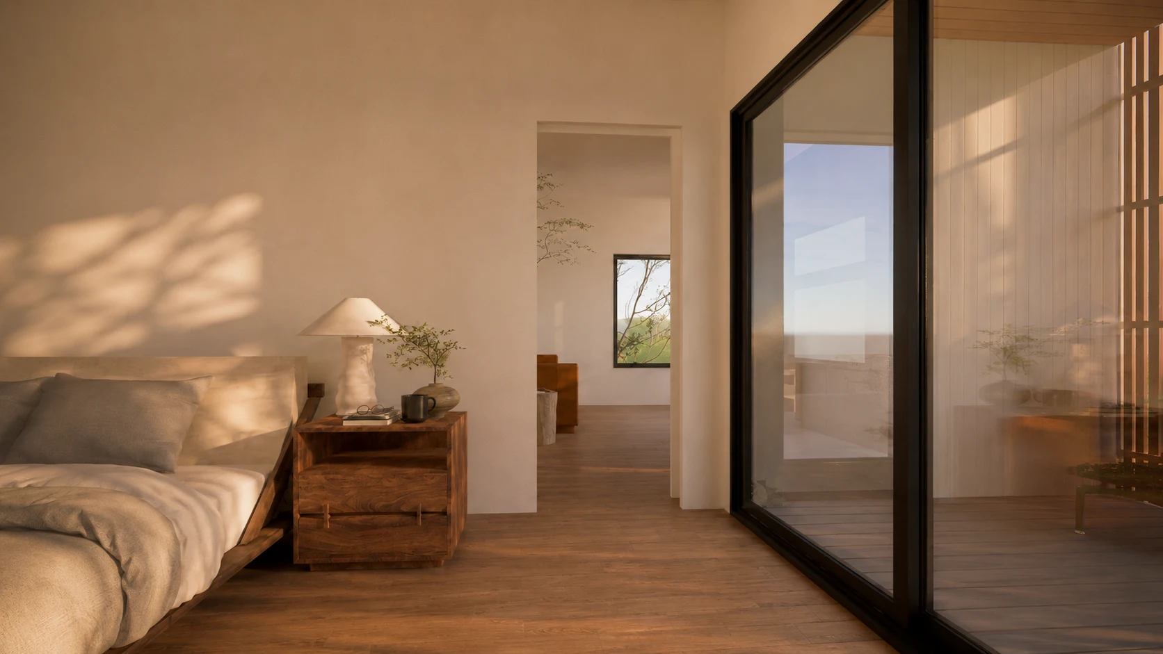 Warm bedroom interior with filtered sunlight