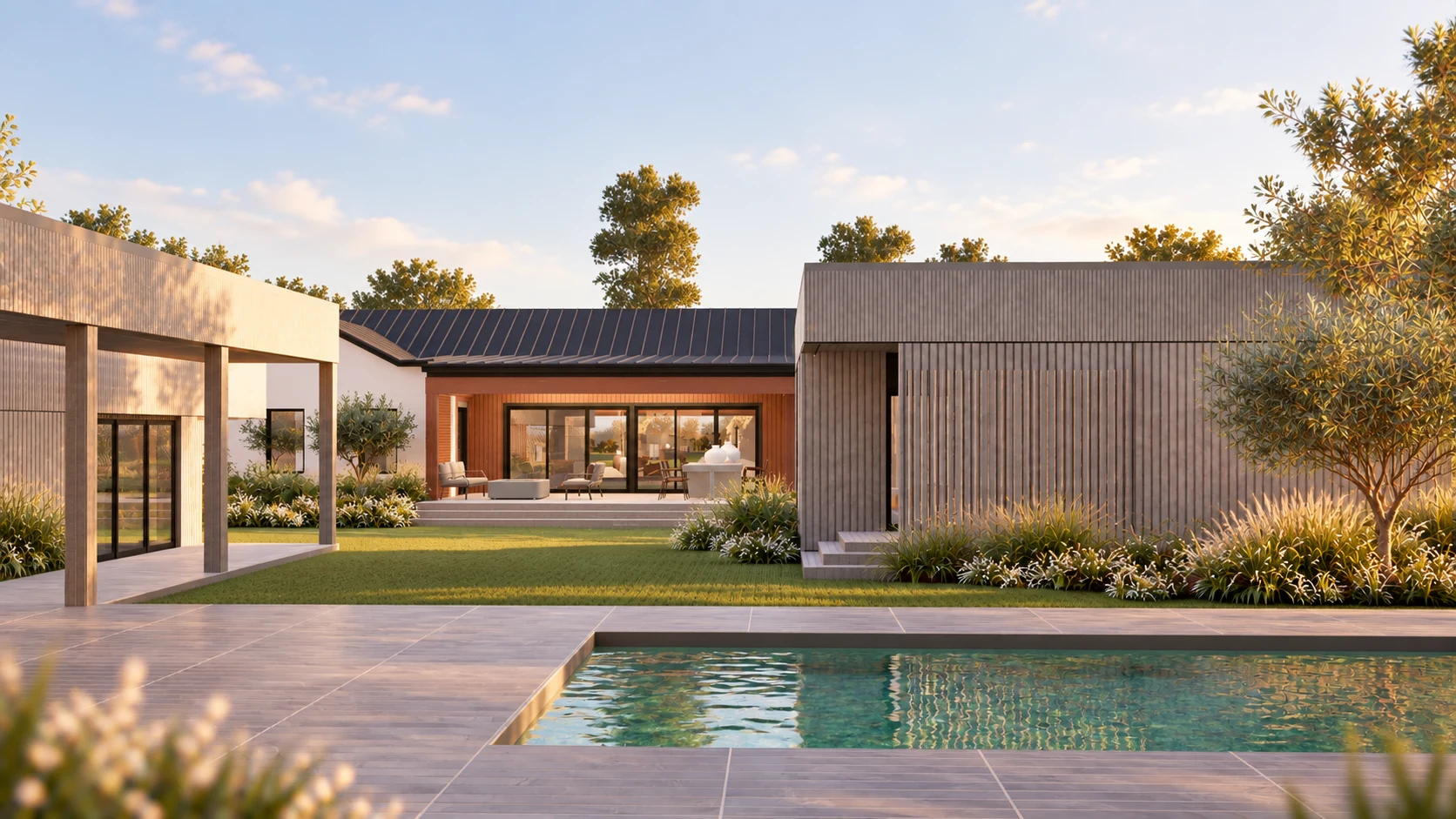 Timber-screened addition opening toward a planted courtyard at golden hour