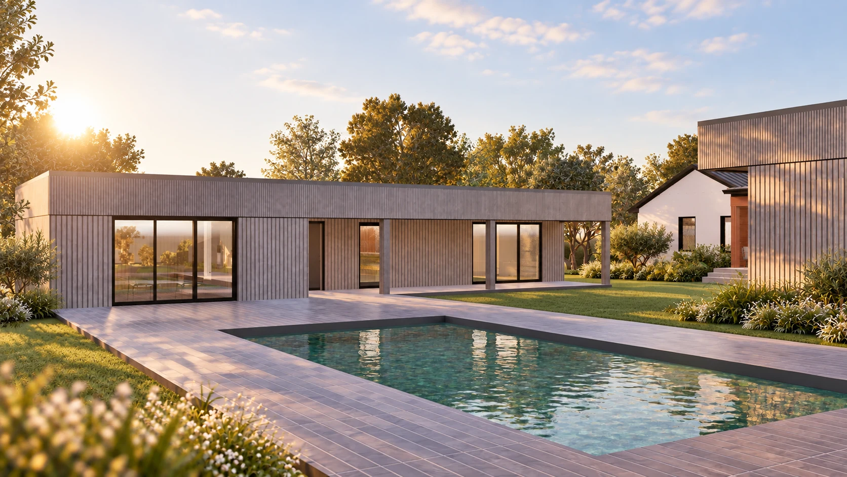 Pool courtyard with timber-clad pavilion and planting